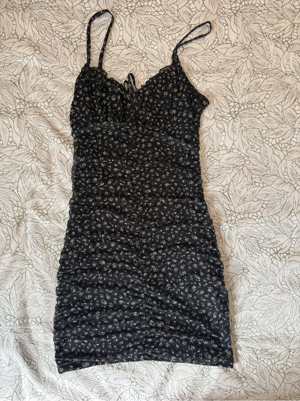 Divided Black Floral Ruched Mini Dress